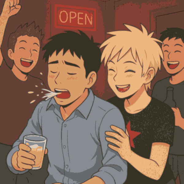 Cartoon of a man choking on his drink at a bar and his tomboy best friend laughingly patting him on the back.